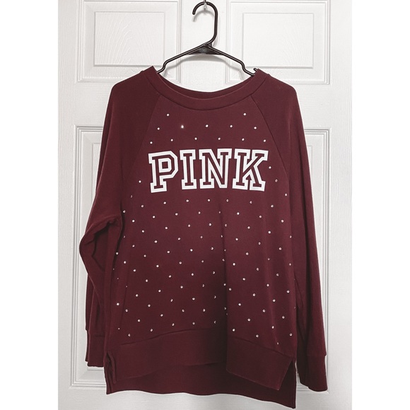 PINK Victoria's Secret Tops - VS PINK Maroon Rhinestone Crew Neck Sweatshirt